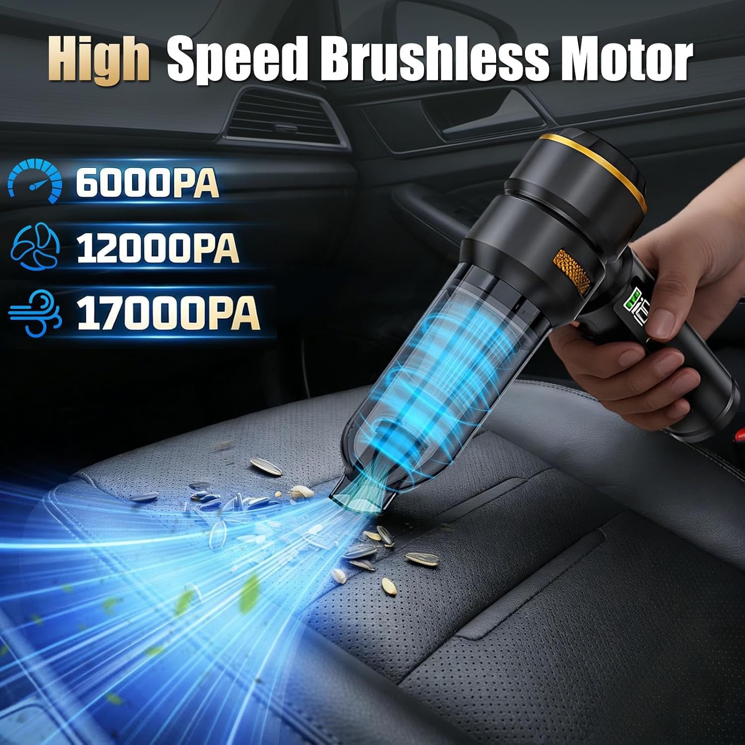 Car Vacuum Portable Cordless, 17000PA Cordless Handheld Car Vacuum Rechargeable, Brushless Motor with Digital Display, Mini Small Vacuums Cleaner for Office Desk Home Kitchen Car Pet Hair, Travel