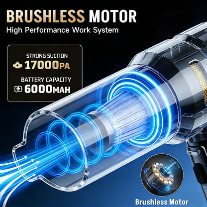 Car Vacuum Portable Cordless, 17000PA Cordless Handheld Car Vacuum Rechargeable, Brushless Motor with Digital Display, Mini Small Vacuums Cleaner for Office Desk Home Kitchen Car Pet Hair, Travel