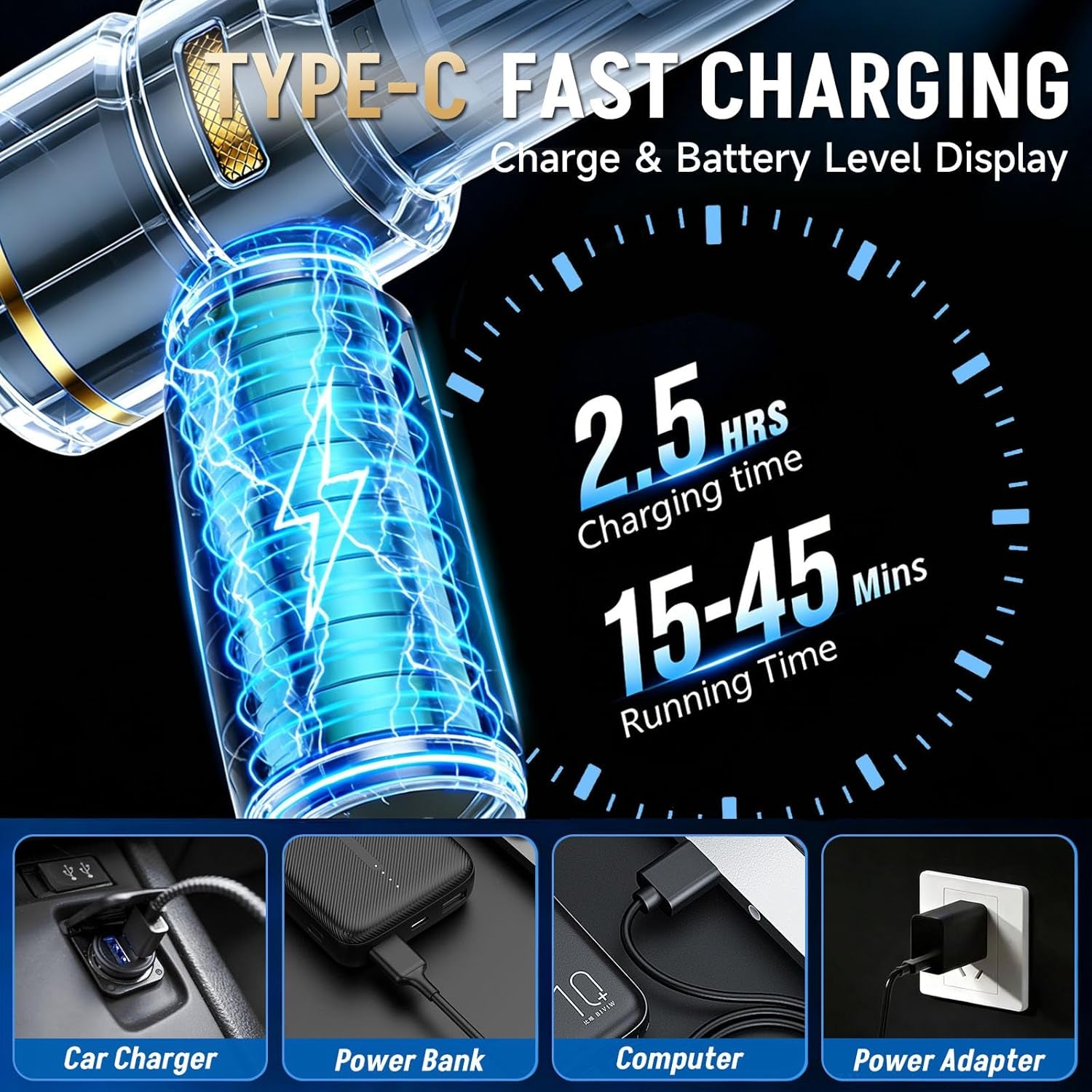 Car Vacuum Portable Cordless, 17000PA Cordless Handheld Car Vacuum Rechargeable, Brushless Motor with Digital Display, Mini Small Vacuums Cleaner for Office Desk Home Kitchen Car Pet Hair, Travel