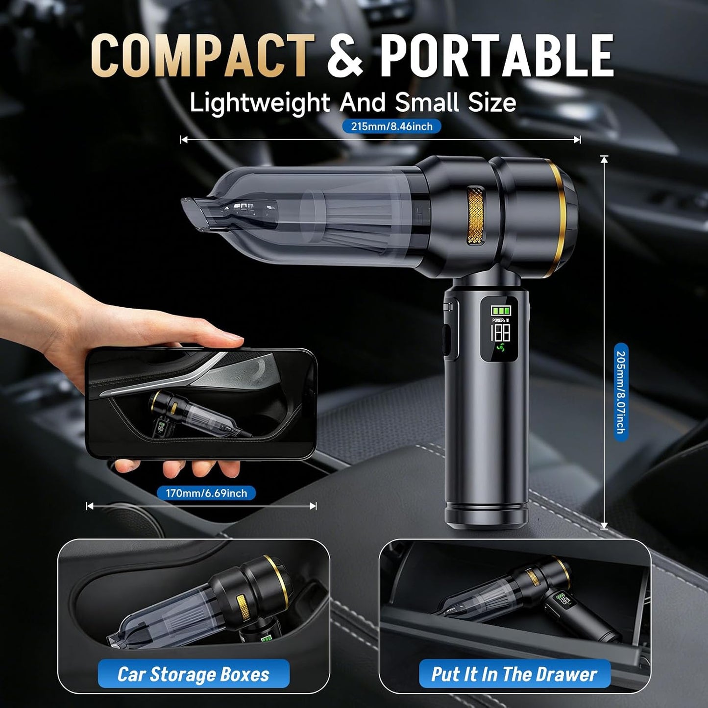 Car Vacuum Portable Cordless, 17000PA Cordless Handheld Car Vacuum Rechargeable, Brushless Motor with Digital Display, Mini Small Vacuums Cleaner for Office Desk Home Kitchen Car Pet Hair, Travel