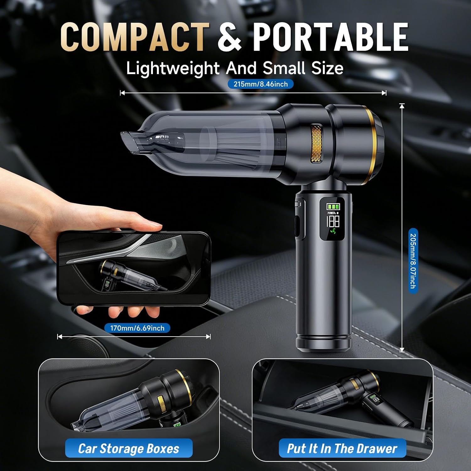 Car Vacuum Portable Cordless, 17000PA Cordless Handheld Car Vacuum Rechargeable, Brushless Motor with Digital Display, Mini Small Vacuums Cleaner for Office Desk Home Kitchen Car Pet Hair, Travel
